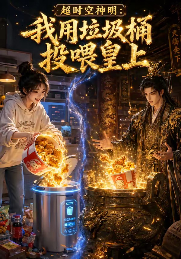 超时空神明我用垃圾桶投喂皇上 AI漫剧海报